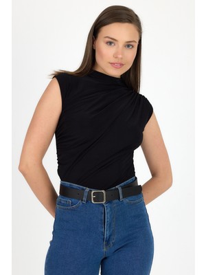 Siyah Kolsuz Büzgülü Sandy Bluz 2430