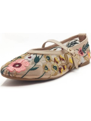 Bej Renk Fileli Çiçek Motifli Kadın Babet