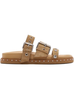 Derimod Kadın Taba Tokalı Bantlı Süet Deri Terlik Vizon Renk Günlük Kullanım İçin Şık