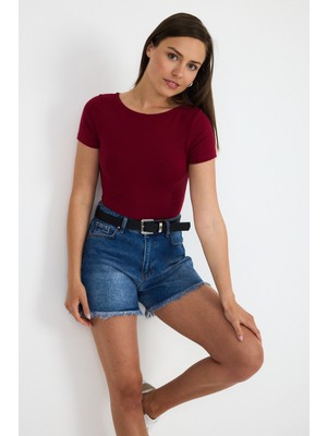 Bordo Bisiklet Yaka Viskoz/yumuşak Kumaş Tişört 1469