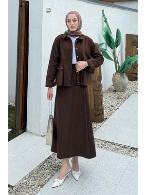 Cep Detaylı Ikili Etek Tesettür Takım Acı Kahverengi