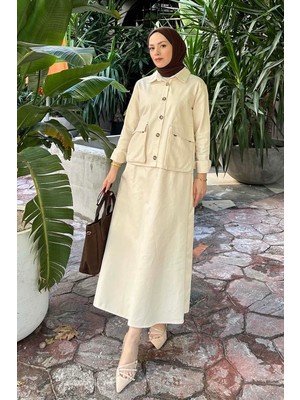 Cep Detaylı Ikili Etek Tesettür Takım Krem