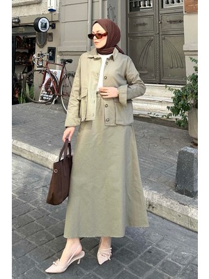 Cep Detaylı Ikili Etek Tesettür Takım Haki