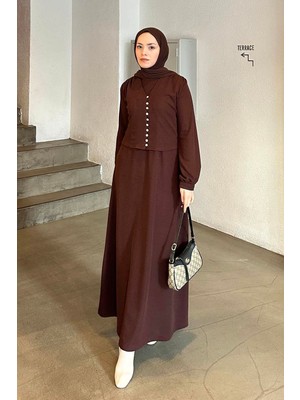 Düğme Detaylı Hırka Tesettür Jile Takım Acı Kahverengi