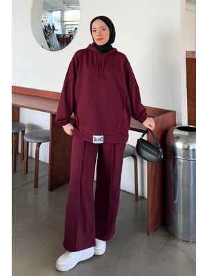 Lamelif Balance Bordo Armalı Çımalı İkili Takım Pamuk Polyester Düz Desenli Oversize Özellikli