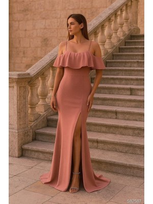 Arben Boutique Kadın Dalgıç Krep Yırtmaç Detaylı Askılı Maxi Boy Elbise