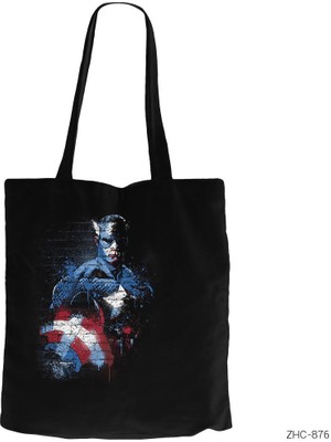 Captain America Stencil 2 Siyah Kanvas Bez Çanta