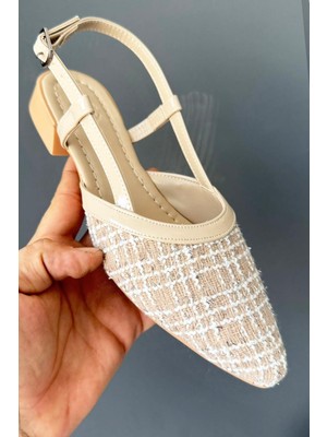 Kadın Tena Bej Keten Arkası Acık Sivri Burun Günlük Babet