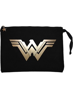 Wonder Woman Metal Logo Siyah Clutch Astarlı Cüzdan / El Çantası
