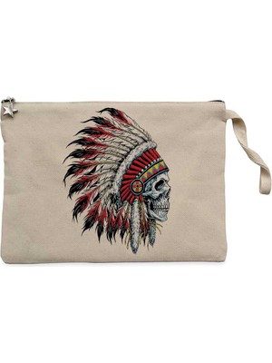 Kızılderili Skull Portre Krem Clutch Astarlı Cüzdan / El Çantası