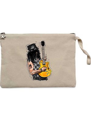 Slash Guitar Cartoon Krem Clutch Astarlı Cüzdan / El Çantası