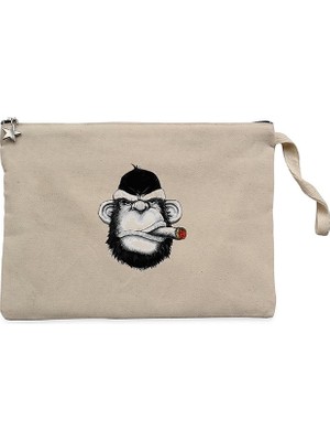 Pro Drinking Monkey Cartoon Krem Clutch Astarlı Cüzdan / El Çantası