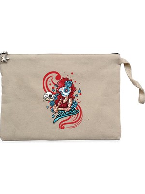 Model Girl With Red Tatto Cartoon Krem Clutch Astarlı Cüzdan / El Çantası