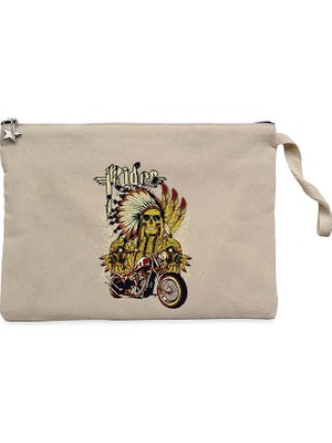 Motorcycle Skull Rider Krem Clutch Astarlı Cüzdan / El Çantası