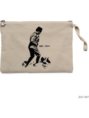 Atatürk Kocatepe Silüet Krem Clutch Astarlı Cüzdan / El Çantası