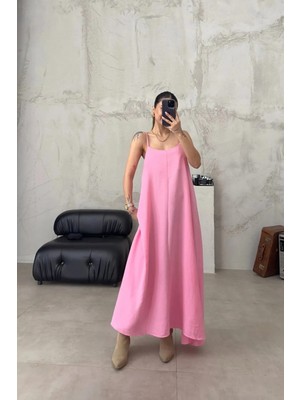 Kadın Pembe Ayarlanabilir Askılı Pamuklu Yazlık Uzun Elbise