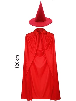 Yetişkin Boy 120 cm Kırmızı Yakalı Pelerin ve Kırmızı Cadı Şapkası