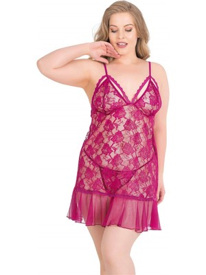 Mulvxbrf BRF02   Büyük Beden Vişne Kısa Tül Gecelik (Mulvix)