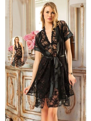 Mulvxbrf BRF02 Siyah Dantelli Sabahlık & Gecelik Takım 2' Li - 1455 (Mulvix)