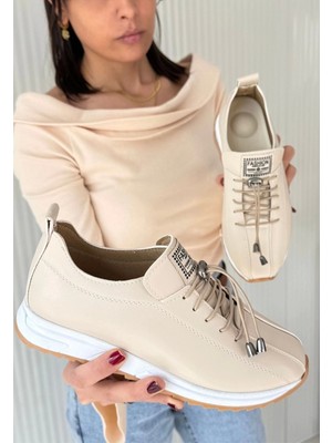 Monya Bej Cilt Bağcıklı Spor Ayakkabı