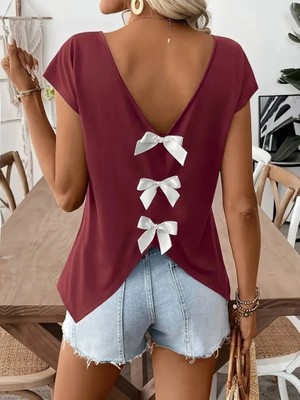 Arben Boutique Kadın Kısa Kollu V Yakalı Arkadan Kurdele Detaylı Viskon Bluz