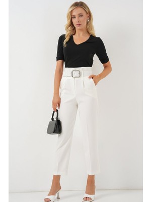 Arben Boutique 6556 Kemerli Kumaş Pantolon - Ekru
