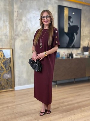 Ag Shoppings Kadın Kısa Kollu Bisiklet Yaka Omuzdan Düğmeli Uzun Viskon Iki Iplik Elbise