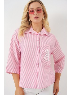 Gökyüzü Moda Tek Cep Nakışlı Gömlek 20328 - Pembe