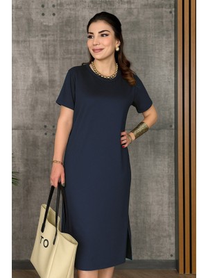 Mira Cotton Kadın Kısa Kollu Bisiklet Yaka Yırtmaçlı Viskon Iki Iplik Elbise