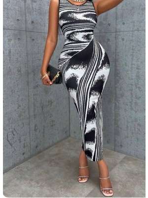 Alinn Butikk Kadın Dalgıç Kumaş Vücuda Oturan Desenli Kolsuz Midi Boy Elbise