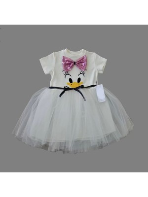 1-2-3 Yaş Payet Fiyonk Tokalı Ördek Nakışlı Astarlı Kız Bebek Tütü Elbisesi Beyaz