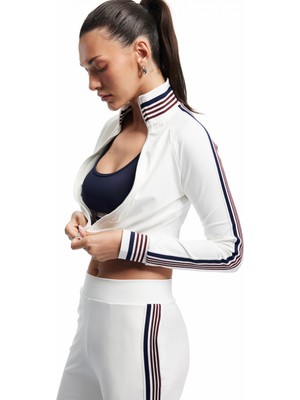 Koton Dik Yaka Çizgili Uzun Kollu Fermuarlı Interlok Asimetrik Spor Sweatshirt