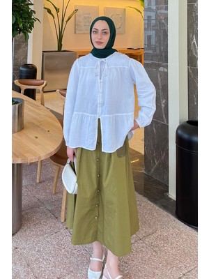 V Yaka Kolları Lastikli Müslim Tesettür Gömlek Beyaz