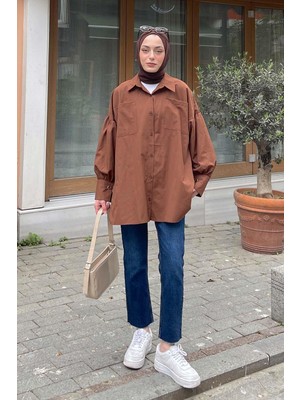 Kol Bağlama Detaylı Oversize Gömlek Acı Kahverengi