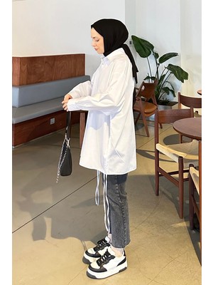 Lamelif Oversize Gömlek Kadın Beyaz Düz Renk Pamuk Polyester Uzun Kol Şıklığı