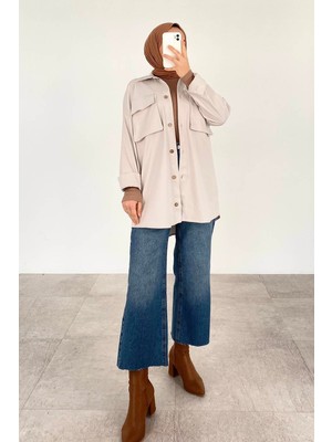 Kapaklı Iki Cepli Tahta Düğmeli Gömlek Gri