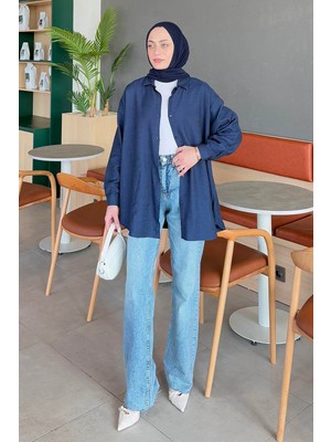 Ağaç Kabuğu Dokulu Pamuklu Tesettür Gömlek Lacivert