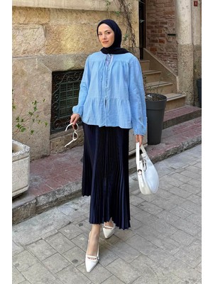 V Yaka Kolları Lastikli Müslim Tesettür Gömlek Bebe Mavisi