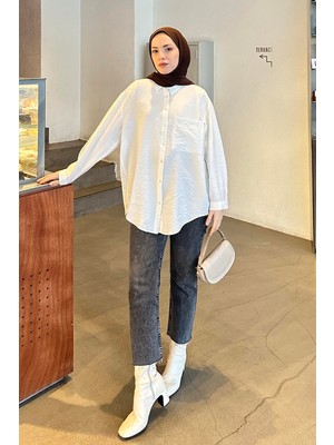 Tek Cep Oversize Gömlek Beyaz