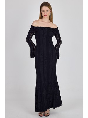 Rays Siyah Kayık Yaka Kloş Kol Detaylı Dantel Elbise 251625