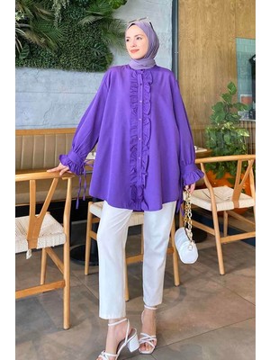 Lamelif Mor Flores Fırfırlı Tunik Uzun Dokuma Kumaş Oversize Hakim Yaka Kadın