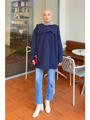 Hakim Yaka Önü Pileli Tunik Lacivert