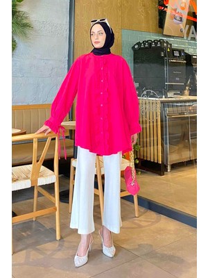 Lamelif Flores Fırfırlı Tunik Fuşya Uzun Kol Hakim Yaka Dokuma Kadın Oversize Desenli