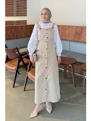 Lamelif Krem Önü Boydan Düğmeli Salopet Pamuk Polyester Uzun Kadın Şıklığı