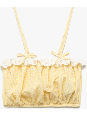 Koton Bol Kalıp Dantel Detaylı Fiyonklu Ince Askılı Pötikareli Crop Bluz