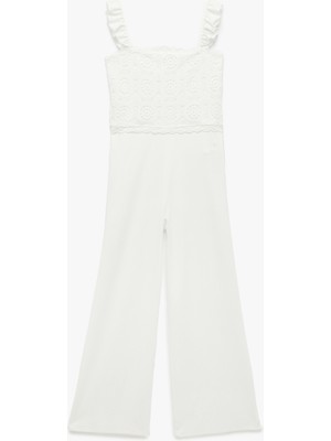 Koton Bürümcük Kumaş Dantelli Boredeli Fırfır Detaylı Astarlı Kare Yaka Askılı Tulum