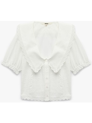 Koton Düğmeli Kısa Balon Kollu Fistolu Brodeli Geniş Bebe Yaka Gömlek