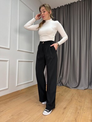 Siyah Gold Düğmeli Palazzo Pantolon