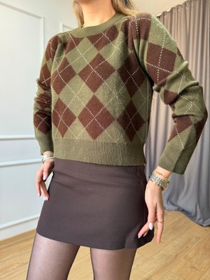 Haki Kahve Baklava Desen Kazak