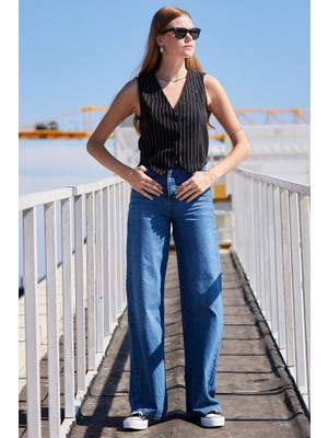 Arben Boutique 6794 Çizgili Dokuma Yelek - Siyah